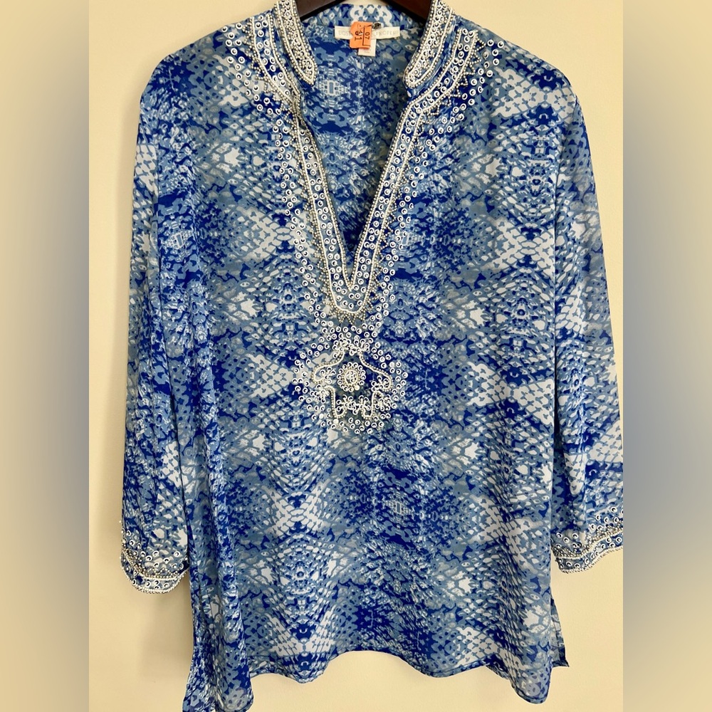 💙 Boston Proper Blue Embellished Sheer Tunic Top – Size L 💙